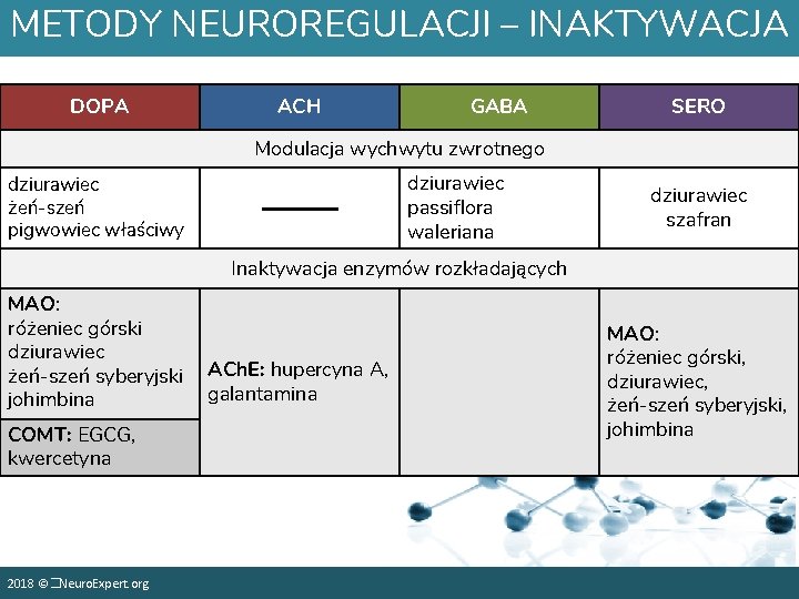 METODY NEUROREGULACJI – INAKTYWACJA DOPA ACH GABA SERO Modulacja wychwytu zwrotnego dziurawiec passiflora waleriana