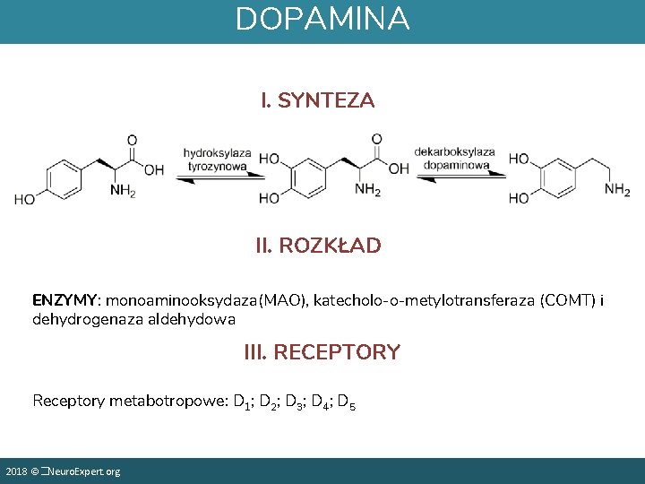 DOPAMINA I. SYNTEZA II. ROZKŁAD ENZYMY: monoaminooksydaza(MAO), katecholo-o-metylotransferaza (COMT) i dehydrogenaza aldehydowa III. RECEPTORY