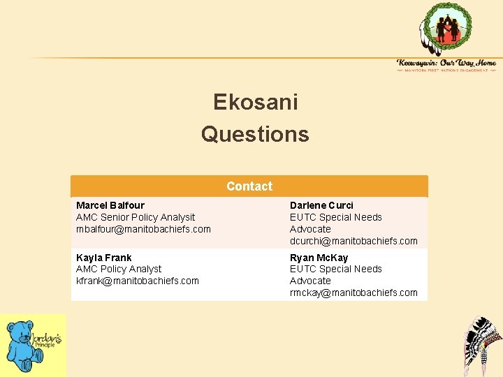 Ekosani Questions Contact Marcel Balfour AMC Senior Policy Analysit mbalfour@manitobachiefs. com Darlene Curci EUTC