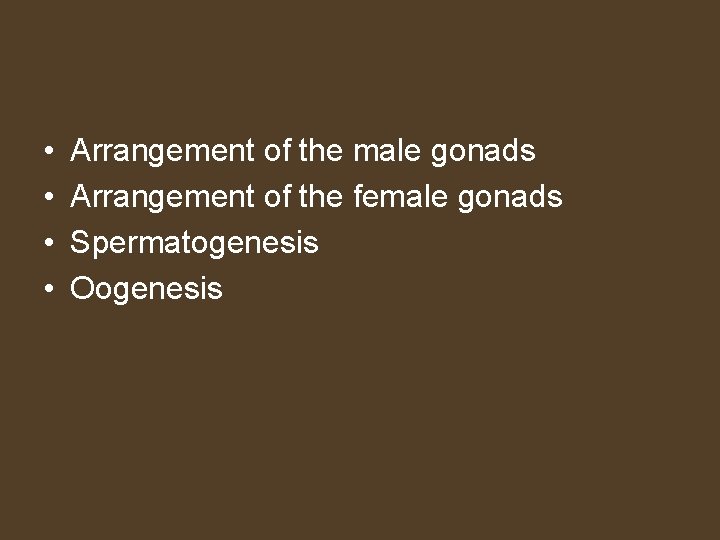  • • Arrangement of the male gonads Arrangement of the female gonads Spermatogenesis
