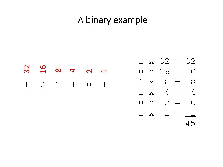 32 16 8 4 2 1 A binary example 1 0 1 x 32