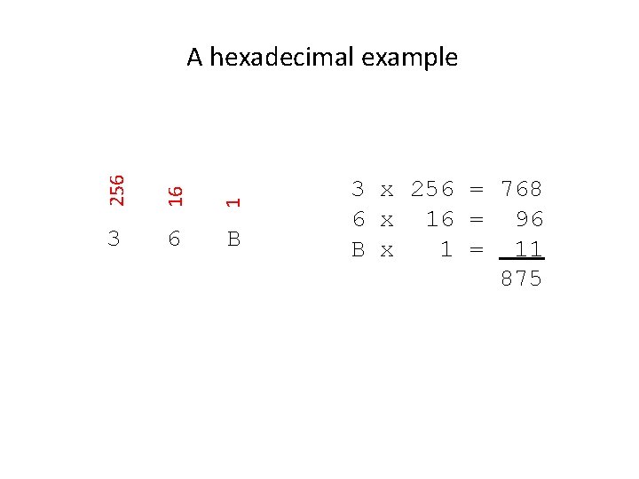 256 16 1 A hexadecimal example 3 6 B 3 x 256 = 768 256 16 1 A hexadecimal example 3 6 B 3 x 256 = 768