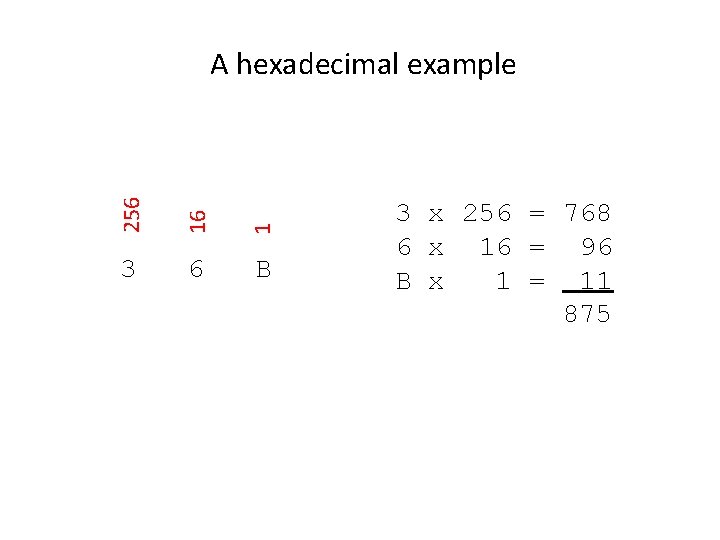 256 16 1 A hexadecimal example 3 6 B 3 x 256 = 768