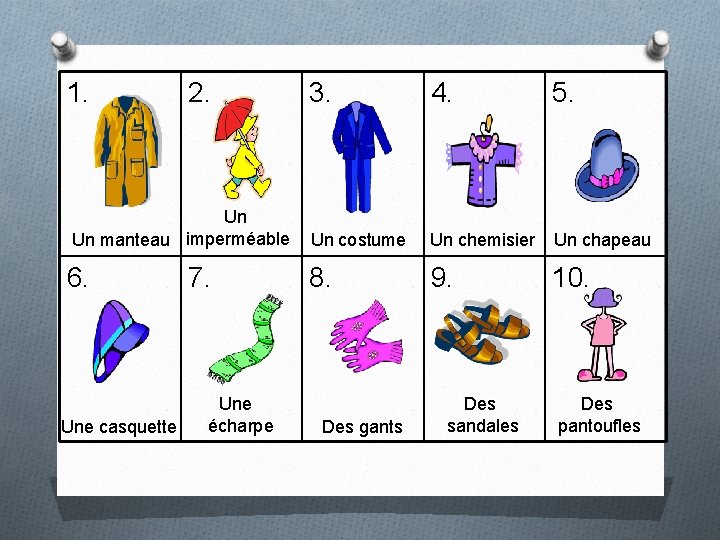 1. 2. Un Un manteau imperméable 6. Une casquette 7. Une écharpe 3. 4.