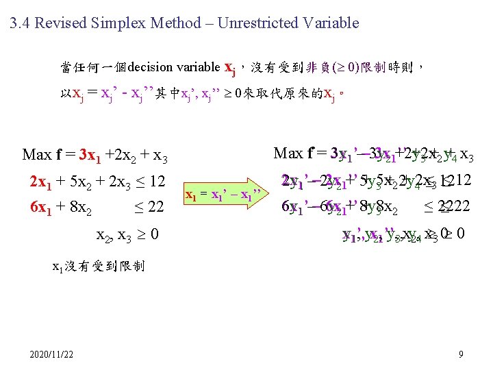 3. 4 Revised Simplex Method – Unrestricted Variable 當任何一個decision variable 以xj xj，沒有受到非負( 0)限制時則， =