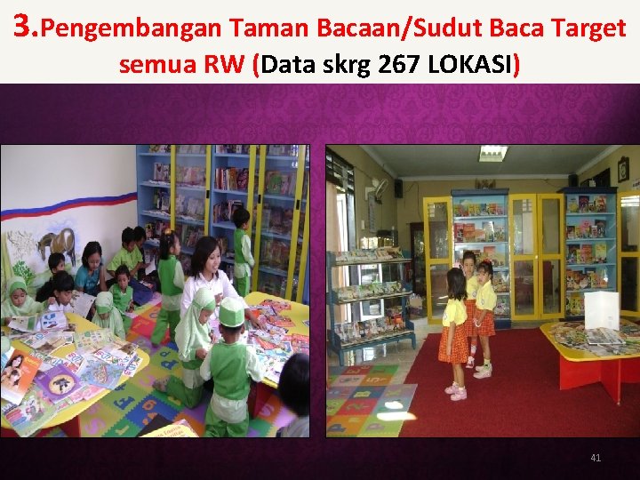 3. Pengembangan Taman Bacaan/Sudut Baca Target semua RW (Data skrg 267 LOKASI) 41 