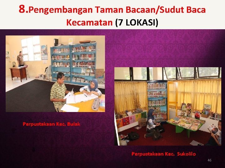 8. Pengembangan Taman Bacaan/Sudut Baca Kecamatan (7 LOKASI) Perpustakaan Kec. Bulak Perpustakaan Kec. Sukolilo