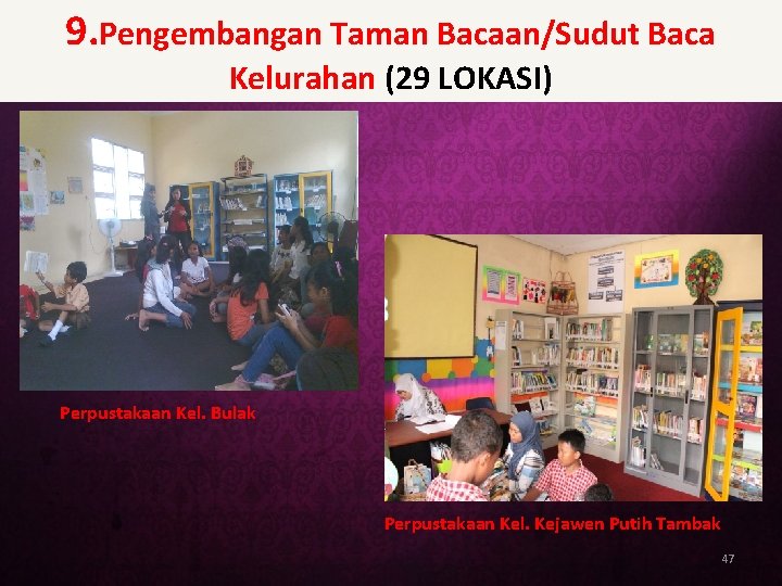 9. Pengembangan Taman Bacaan/Sudut Baca Kelurahan (29 LOKASI) Perpustakaan Kel. Bulak Perpustakaan Kel. Kejawen