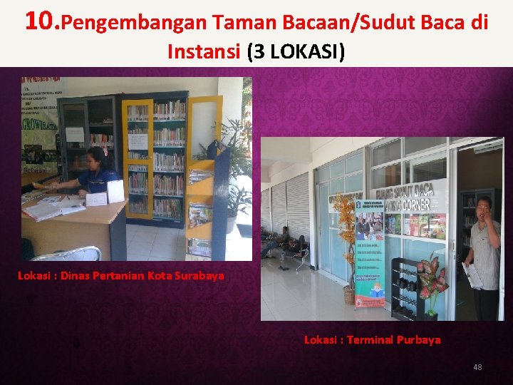10. Pengembangan Taman Bacaan/Sudut Baca di Instansi (3 LOKASI) Lokasi : Dinas Pertanian Kota
