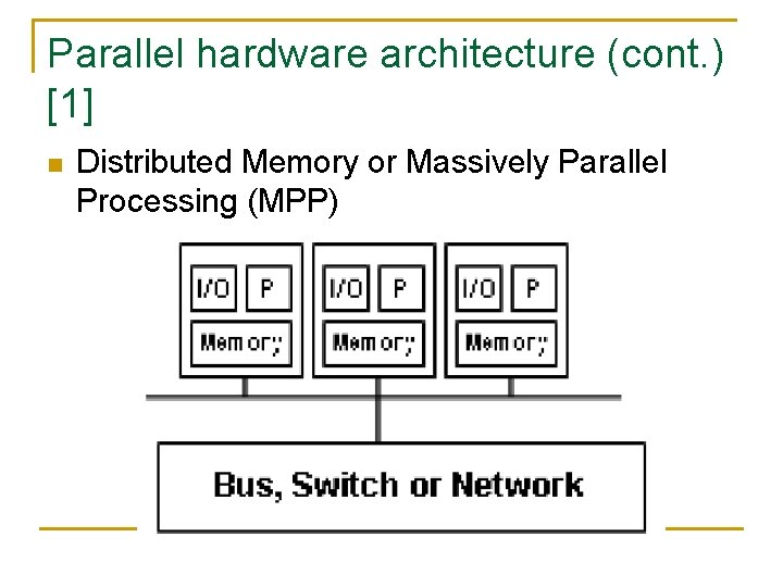 Parallel hardware architecture (cont. ) [1] n Distributed Memory or Massively Parallel Processing (MPP)