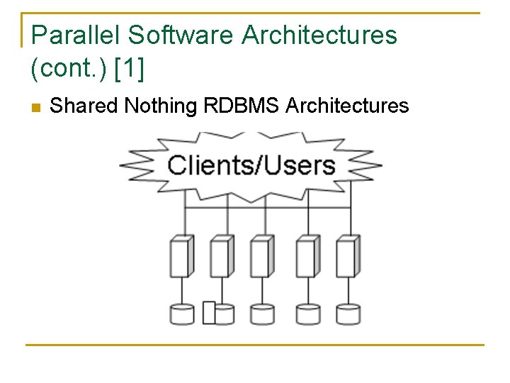 Parallel Software Architectures (cont. ) [1] n Shared Nothing RDBMS Architectures 