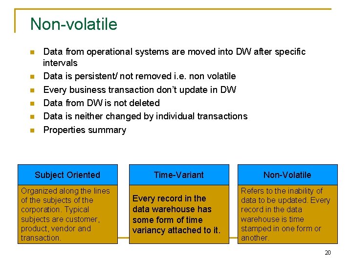Non-volatile n n n Data from operational systems are moved into DW after specific