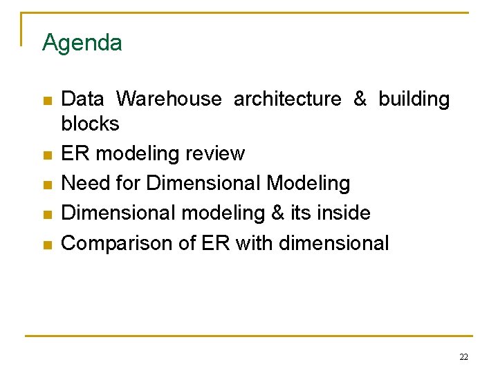 Agenda n n n Data Warehouse architecture & building blocks ER modeling review Need