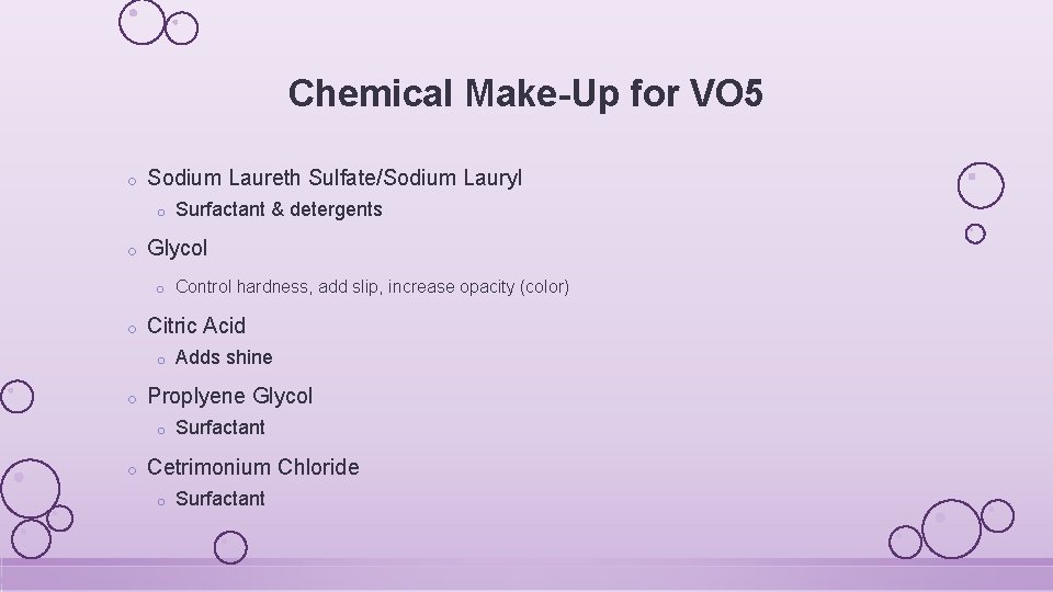 Chemical Make-Up for VO 5 o Sodium Laureth Sulfate/Sodium Lauryl o o Glycol o