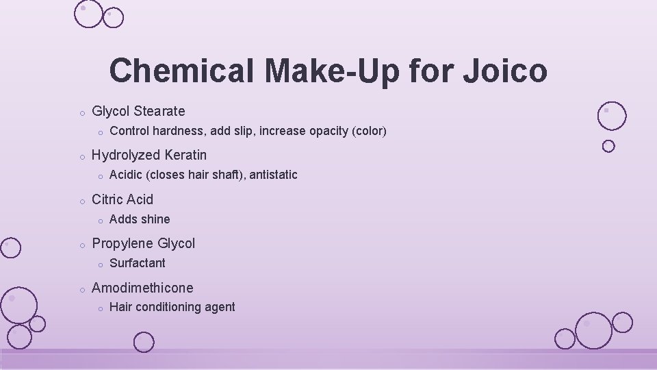 Chemical Make-Up for Joico o Glycol Stearate o o Hydrolyzed Keratin o o Adds