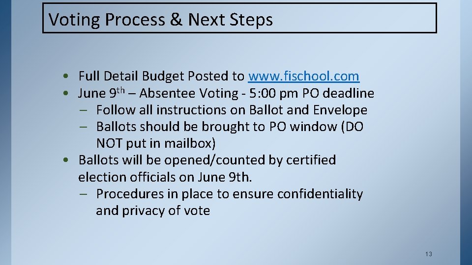 Voting Process & Next Steps • Full Detail Budget Posted to www. fischool. com