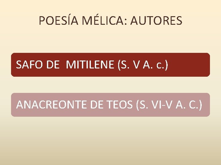 POESÍA MÉLICA: AUTORES SAFO DE MITILENE (S. V A. c. ) ANACREONTE DE TEOS