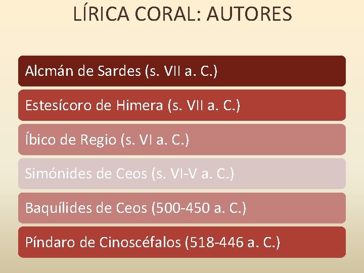 LÍRICA CORAL: AUTORES Alcmán de Sardes (s. VII a. C. ) Estesícoro de Himera