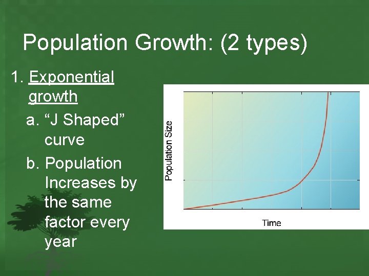 Population Growth: (2 types) 1. Exponential growth a. “J Shaped” curve b. Population Increases