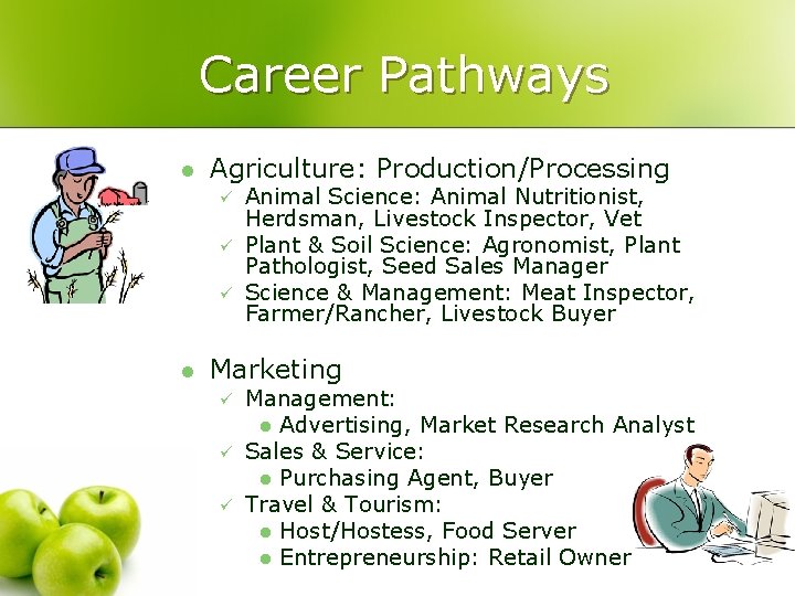 Career Pathways l Agriculture: Production/Processing ü ü ü l Animal Science: Animal Nutritionist, Herdsman,
