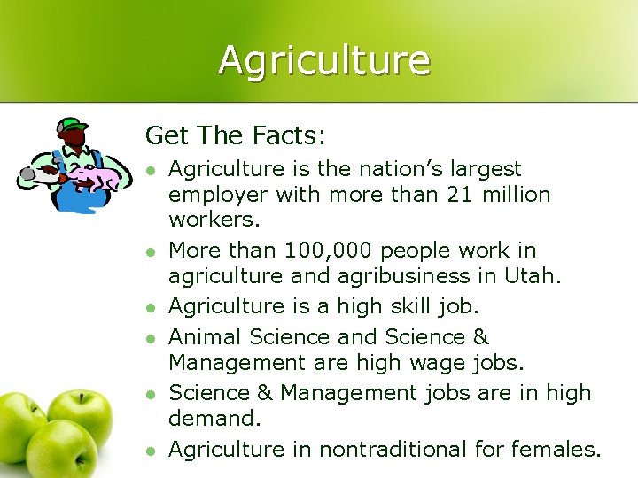 Agriculture Get The Facts: l l l Agriculture is the nation’s largest employer with