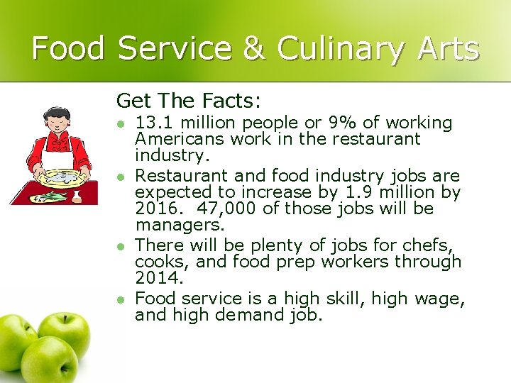Food Service & Culinary Arts Get The Facts: l l 13. 1 million people