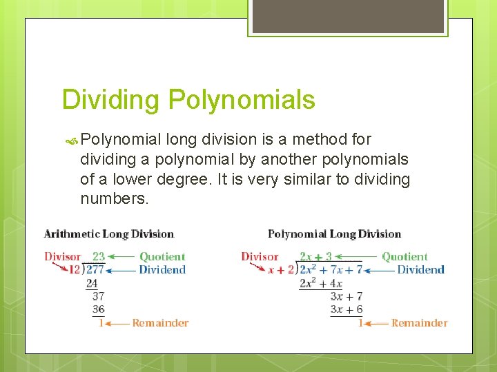 Dividing Polynomials Polynomial long division is a method for dividing a polynomial by another