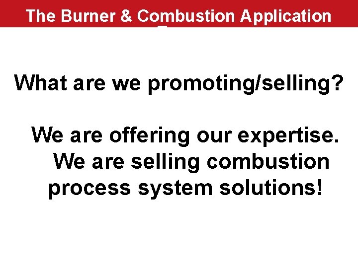 The Burner & Combustion Application Team What are we promoting/selling? We are offering our