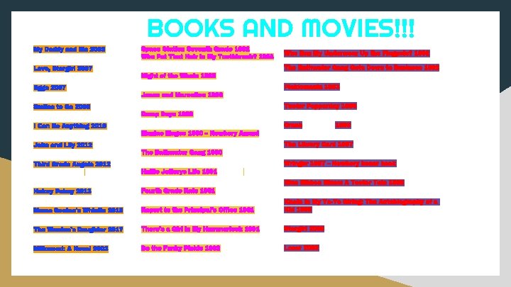 BOOKS AND MOVIES!!! My Daddy and Me 2003 Love, Stargirl 2007 Eggs 2007 Smiles