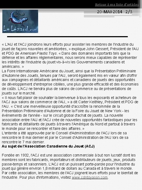 Retour à ma liste d’articles 20 -MAI-2014 2/3 « L'AIJ et l'ACJ joindrons leurs