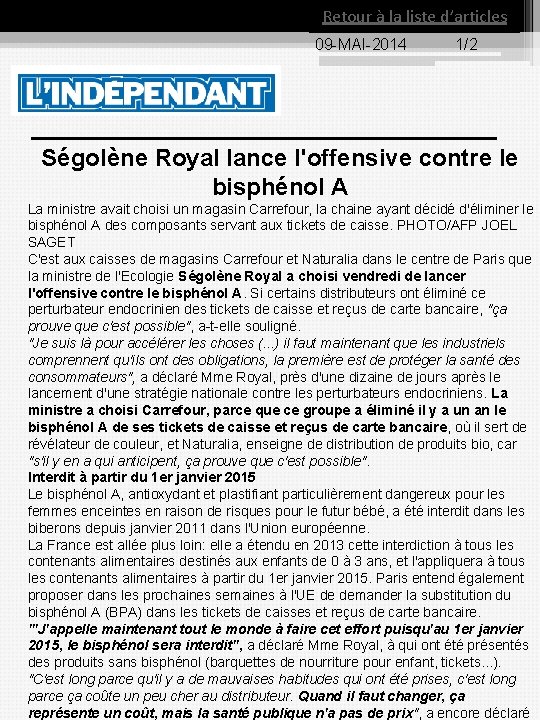 Retour à la liste d’articles 09 MAI 2014 1/2 Ségolène Royal lance l'offensive contre