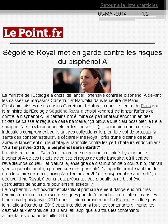 Retour à la liste d’articles 09 MAI 2014 1/2 Ségolène Royal met en garde