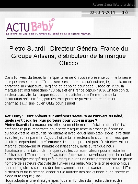 Retour à ma liste d’articles 02 -JUIN-2014 1/3 Pietro Suardi Directeur Général France du