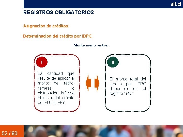 sii. cl REGISTROS OBLIGATORIOS Asignación de créditos: Determinación del crédito por IDPC. Monto menor