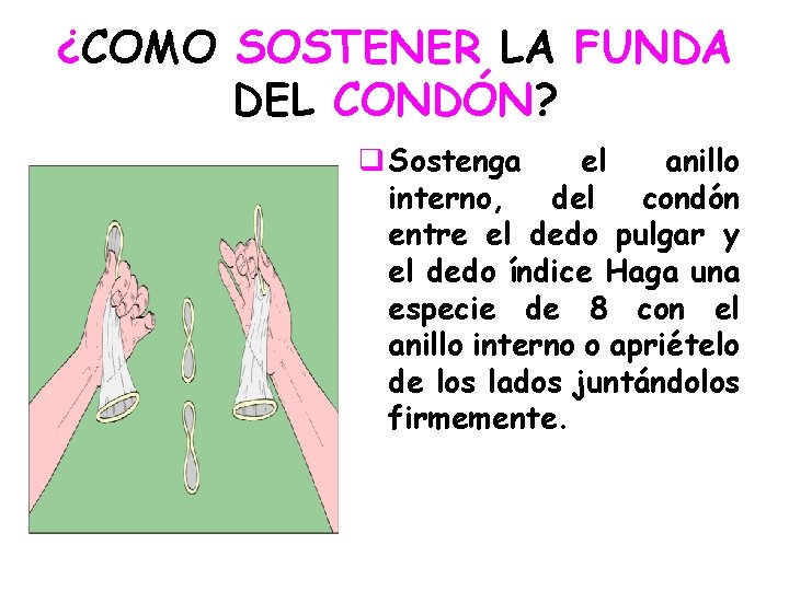 ¿COMO SOSTENER LA FUNDA DEL CONDÓN? q Sostenga el anillo interno, del condón entre