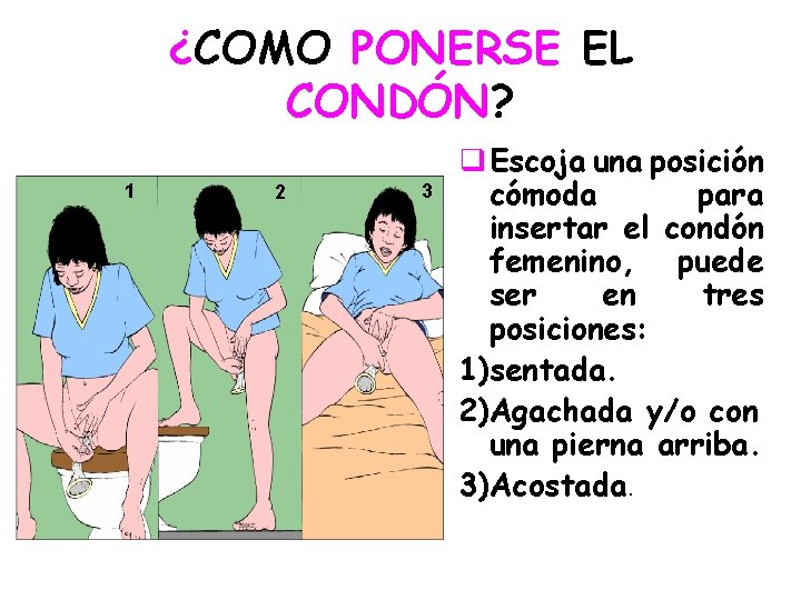 ¿COMO PONERSE EL CONDÓN? 1 2 3 q Escoja una posición cómoda para insertar