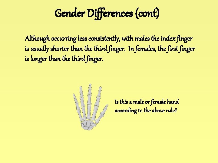 Gender Differences (cont) Although occurring less consistently, with males the index finger is usually