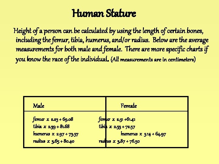 Human Stature Height of a person can be calculated by using the length of Human Stature Height of a person can be calculated by using the length of