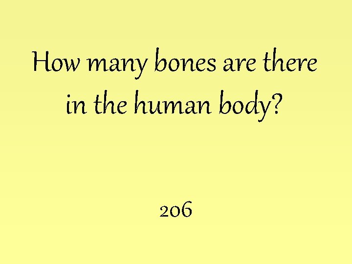 How many bones are there in the human body? 206 How many bones are there in the human body? 206