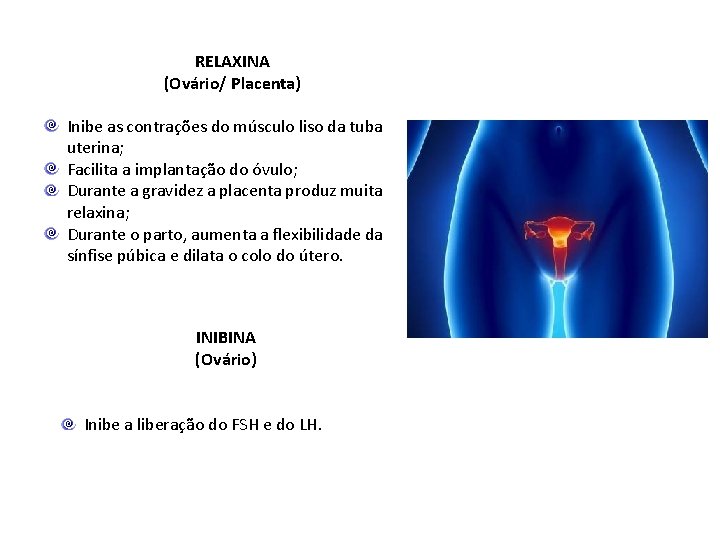 RELAXINA (Ovário/ Placenta) Inibe as contrações do músculo liso da tuba uterina; Facilita a