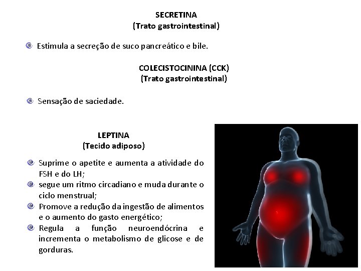 SECRETINA (Trato gastrointestinal) Estimula a secreção de suco pancreático e bile. COLECISTOCININA (CCK) (Trato