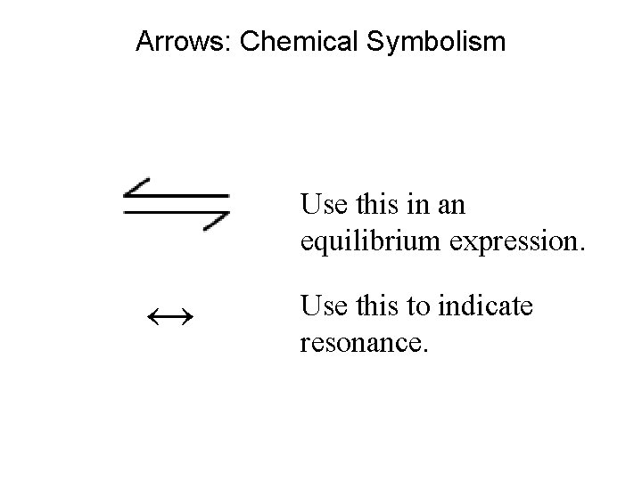 Arrows: Chemical Symbolism Use this in an equilibrium expression. ↔ Use this to indicate