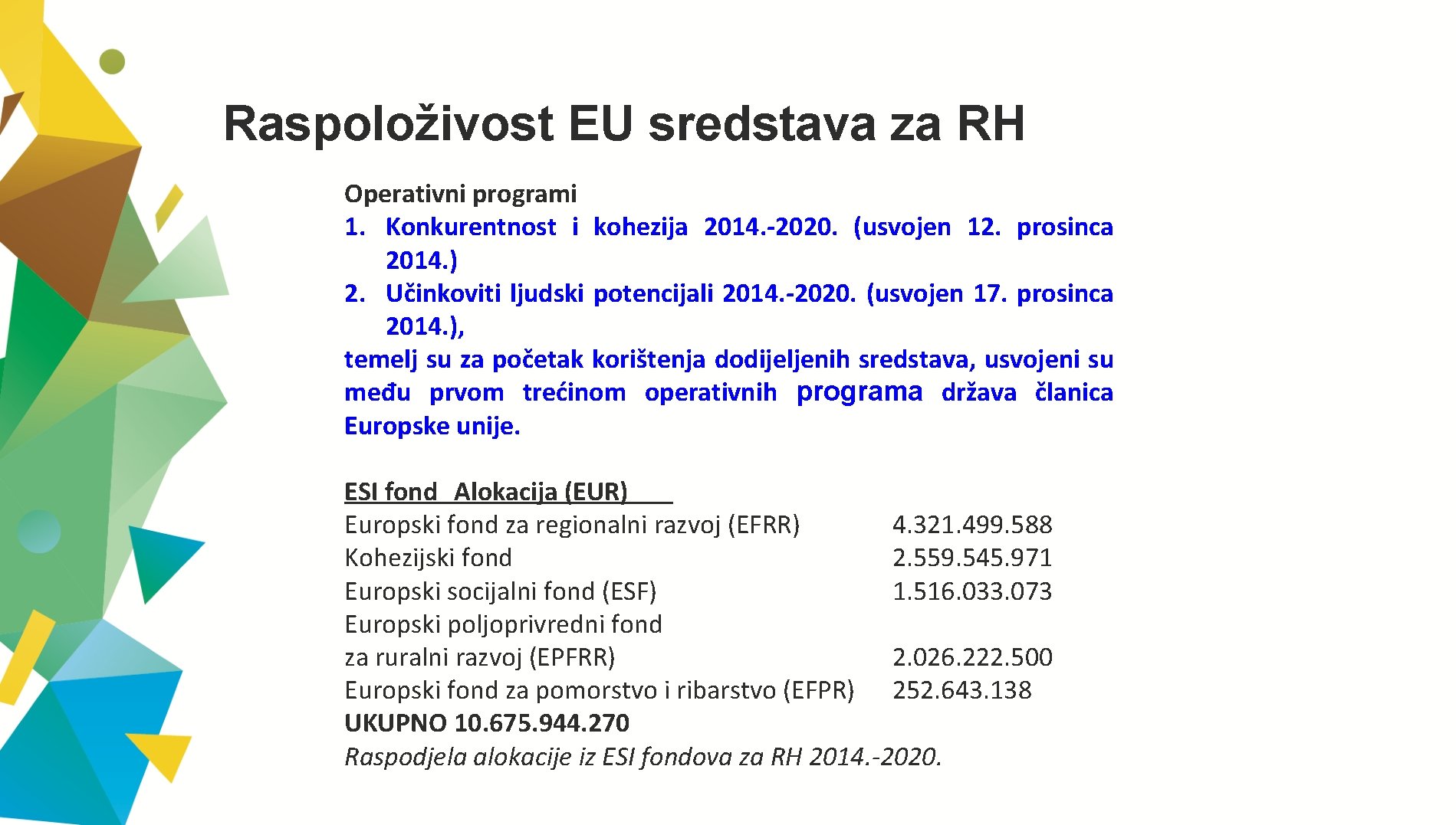 Raspoloživost EU sredstava za RH Operativni programi 1. Konkurentnost i kohezija 2014. -2020. (usvojen