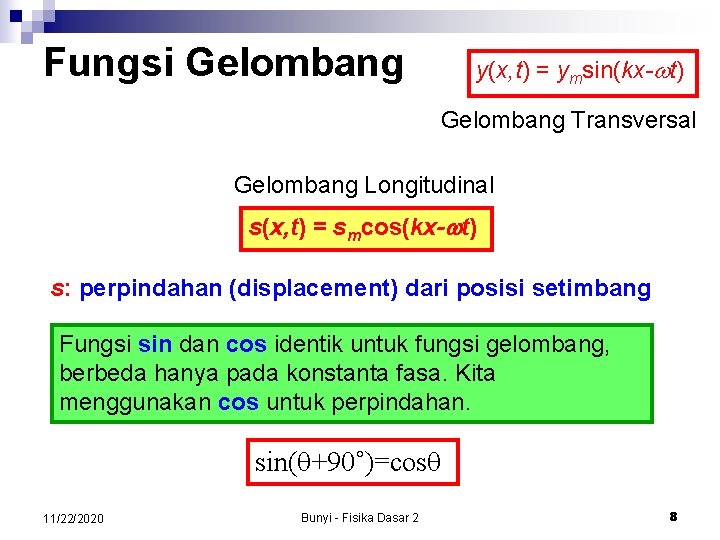 Fungsi Gelombang y(x, t) = ymsin(kx-wt) Gelombang Transversal Gelombang Longitudinal s(x, t) = smcos(kx-