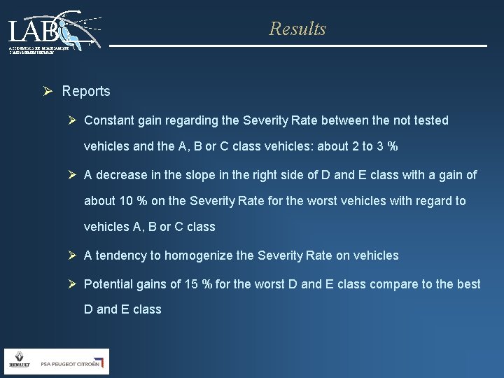 LAB 25° Results t ACCIDENTOLOGIE, BIOMECANIQUE, COMPORTEMENT HUMAIN Ø Reports Ø Constant gain regarding