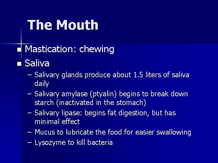 The Mouth Mastication: chewing n Saliva n – Salivary glands produce about 1. 5