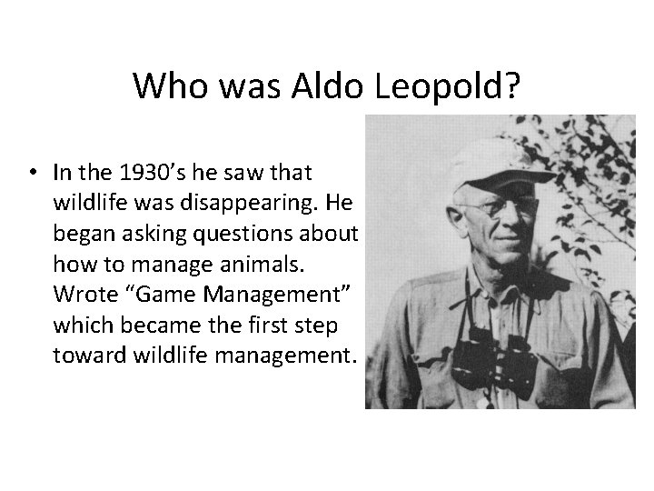 Who was Aldo Leopold? • In the 1930’s he saw that wildlife was disappearing.