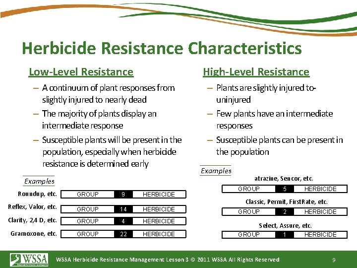 Herbicide Resistance Characteristics Low-Level Resistance High-Level Resistance – A continuum of plant responses from