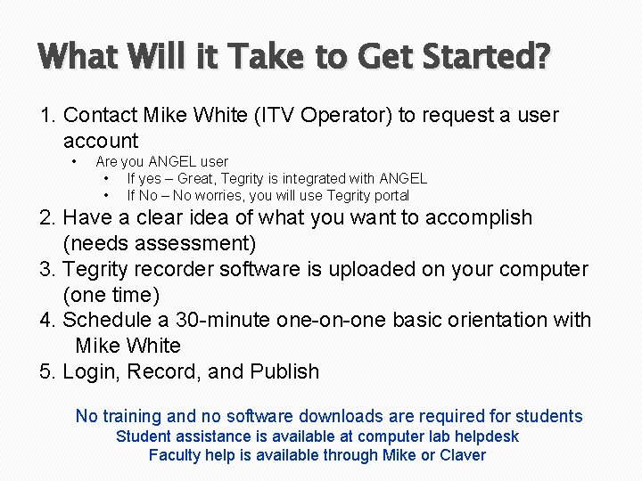 What Will it Take to Get Started? 1. Contact Mike White (ITV Operator) to