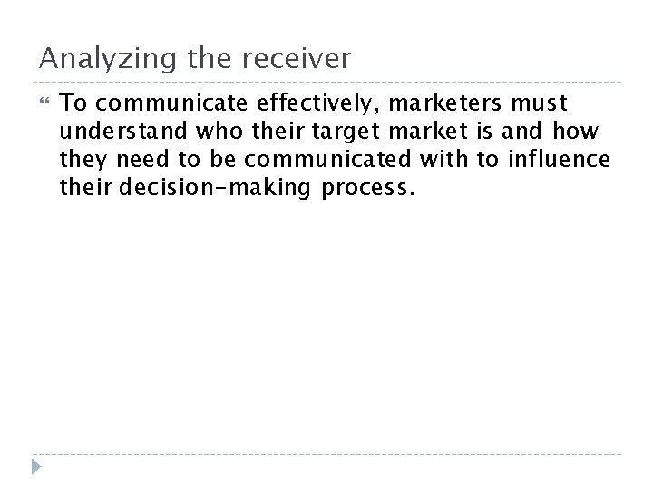 Analyzing the receiver To communicate effectively, marketers must understand who their target market is Analyzing the receiver To communicate effectively, marketers must understand who their target market is